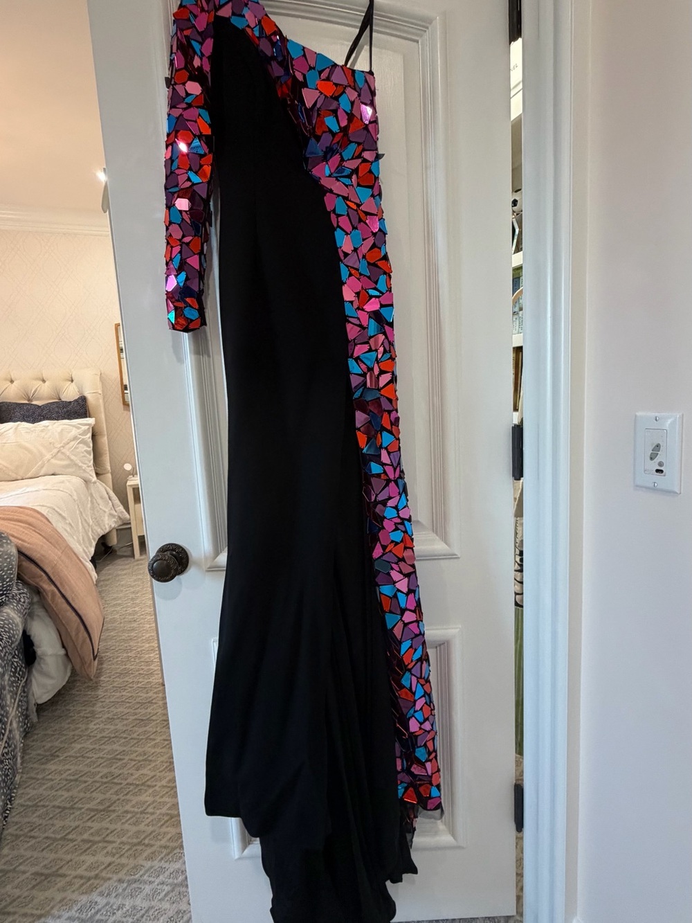 Sherri Hill Black One-Shoulder Gown with Multicolor Mosaic Trim